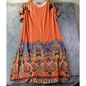 Reborn Womens 1X Cold Shoulder Dress Orange Multicolor Paisley Boho Festival